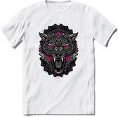 Wolf - Dieren Mandala T-Shirt | Roze | Grappig Verjaardag Zentangle Dierenkop Cadeau Shirt | Dames - Heren - Unisex | Wildlife Tshirt Kleding Kado | - Wit - S