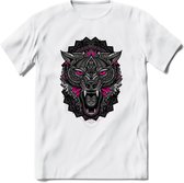 Wolf - Dieren Mandala T-Shirt | Roze | Grappig Verjaardag Zentangle Dierenkop Cadeau Shirt | Dames - Heren - Unisex | Wildlife Tshirt Kleding Kado | - Wit - M