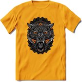 Wolf - Dieren Mandala T-Shirt | Oranje | Grappig Verjaardag Zentangle Dierenkop Cadeau Shirt | Dames - Heren - Unisex | Wildlife Tshirt Kleding Kado | - Geel - 3XL