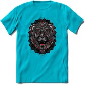 Leeuw - Dieren Mandala T-Shirt | Rood | Grappig Verjaardag Zentangle Dierenkop Cadeau Shirt | Dames - Heren - Unisex | Wildlife Tshirt Kleding Kado | - Blauw - L