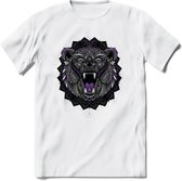 Beer - Dieren Mandala T-Shirt | Paars | Grappig Verjaardag Zentangle Dierenkop Cadeau Shirt | Dames - Heren - Unisex | Wildlife Tshirt Kleding Kado | - Wit - XXL