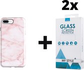 Backcover Marmerlook Hoesje iPhone 7 Plus Roze - 2x Gratis Screen Protector - Telefoonhoesje - Smartphonehoesje