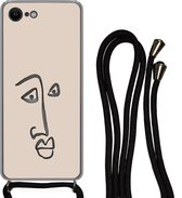 Hoesje met koord Geschikt voor iPhone SE 2020 - Gezicht - Roze - Line art - Siliconen - Crossbody - Backcover met Koord - Telefoonhoesje met koord - Hoesje met touw
