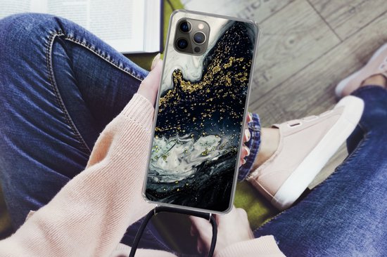 Coque avec cordon iPhone 12 Pro - Imprimé marbré - Natuursteen - Goud - Siliconen - Bandoulière - Coque arrière avec cordon - Coque pour téléphone avec cordon - Coque avec corde