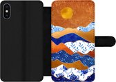 Bookcase Geschikt voor iPhone XS telefoonhoesje - Delfts Blauw - Goud - Bloemen - Met vakjes - Wallet case met magneetsluiting