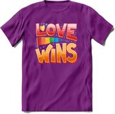 Love Wins | Pride T-Shirt | Grappig LHBTIQ+ / LGBTQ / Gay / Homo / Lesbi Cadeau Shirt | Dames - Heren - Unisex | Tshirt Kleding Kado | - Paars - M