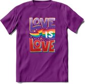 Love Is Love | Pride T-Shirt | Grappig LHBTIQ+ / LGBTQ / Gay / Homo / Lesbi Cadeau Shirt | Dames - Heren - Unisex | Tshirt Kleding Kado | - Paars - L