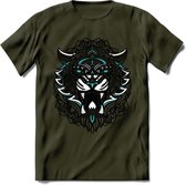 Tijger - Dieren Mandala T-Shirt | Lichtblauw | Grappig Verjaardag Zentangle Dierenkop Cadeau Shirt | Dames - Heren - Unisex | Wildlife Tshirt Kleding Kado | - Leger Groen - L