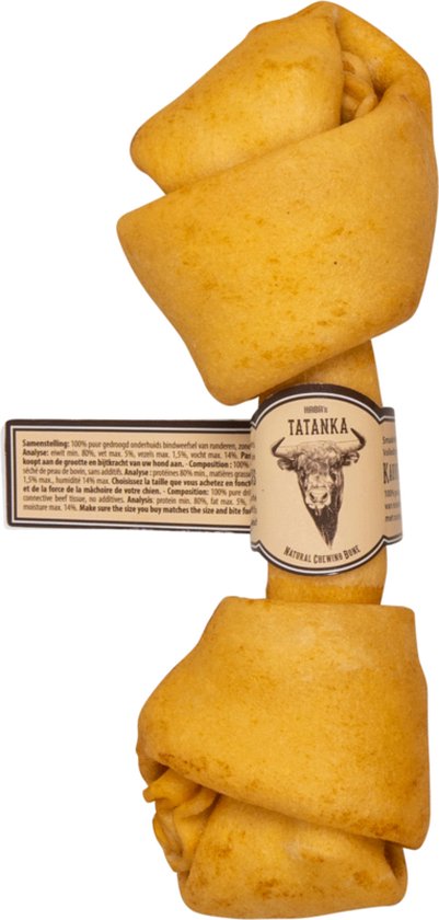 Gedroogd runder bindweefsel kauwbot met TATANKA label, natuurlijke kleur.