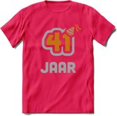 41 Jaar Feest T-Shirt | Goud - Zilver | Grappig Verjaardag Cadeau Shirt | Dames - Heren - Unisex | Tshirt Kleding Kado | - Roze - S