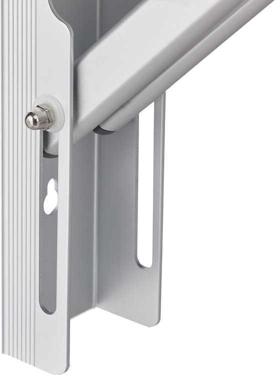 Zilverkleurig aluminium muurbevestiging van een inklapbaar droogrek, close-up.