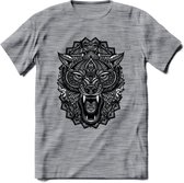 Wolf - Dieren Mandala T-Shirt | Grijs | Grappig Verjaardag Zentangle Dierenkop Cadeau Shirt | Dames - Heren - Unisex | Wildlife Tshirt Kleding Kado | - Donker Grijs - Gemaleerd - L