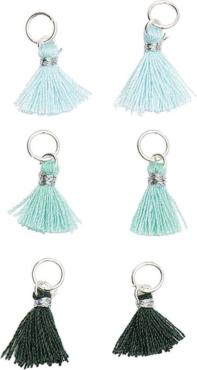 Kwastjes 6 stuks voor sieraden of decoratie 11mm in 3 turquoisetinten met zilverkleurig oog