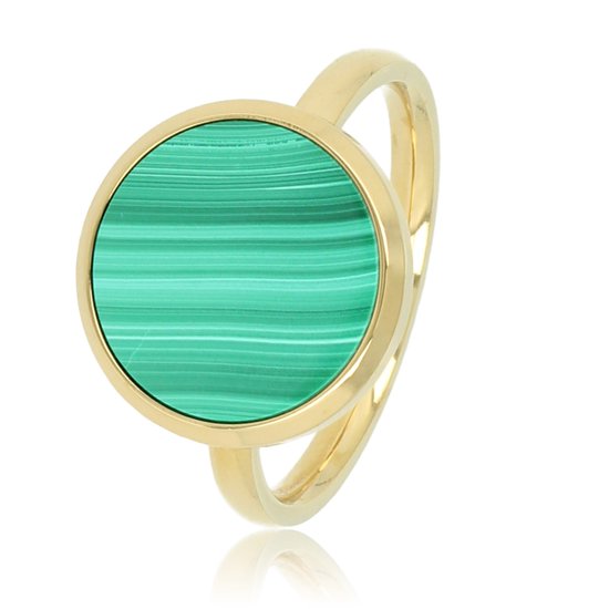 My Bendel - Ring goudkleurig met ronde grote Malachite - De aderen in deze groene ring geven de ring een levendige en warme uitstraling - Met luxe cadeauverpakking