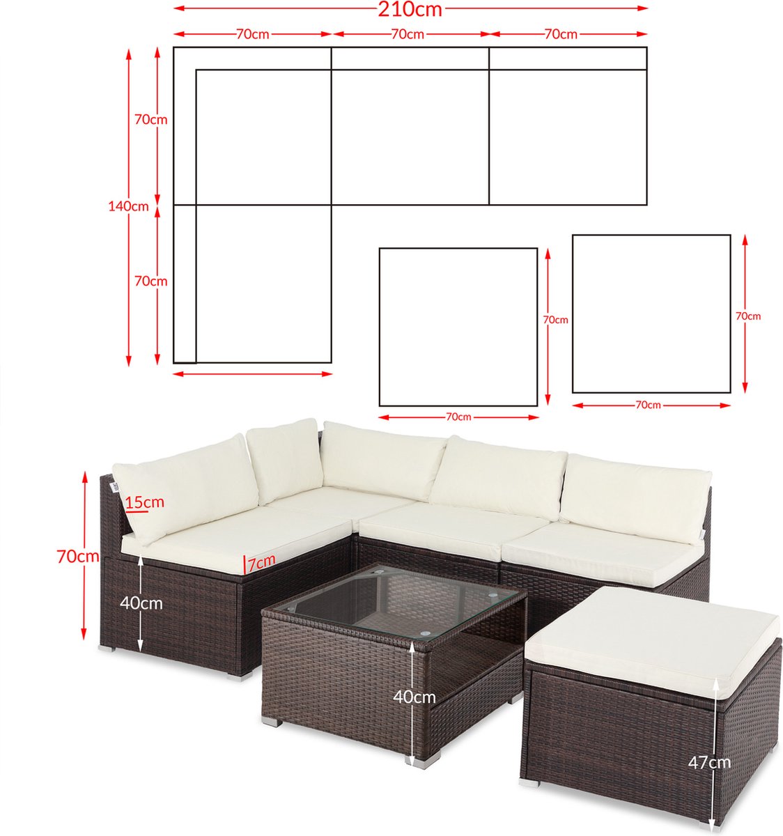 Casaria Polyrattan Loungeset -Incl. Kussens Tafel - Bruin Crème thumbnail 6
