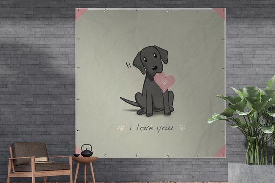 Tuinposter 200x200 cm - Tuindecoratie Een illustratie van een zwarte puppy met een hart - Poster voor in de tuin - Buiten decoratie - Schutting tuinschilderij - Tuindoek muurdecoratie - Wanddecoratie balkondoek