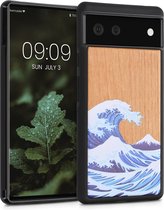 kwmobile telefoonhoesje compatibel met Google Pixel 6 - Hoesje met bumper in blauw / wit / bruin - kersenhout - Golven op Hout design