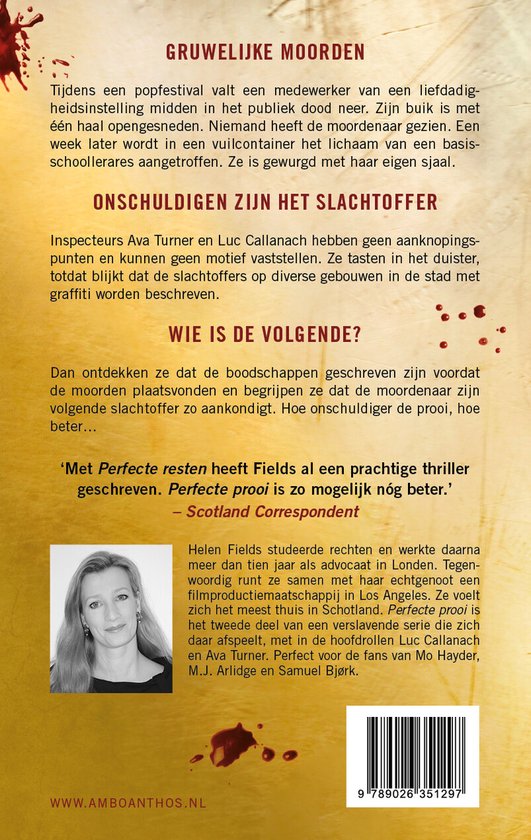 Boekomslag met rode en zwarte tekst op een beige achtergrond, met bloedvlekken en een foto van een vrouw.