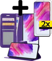 Samsung S21 FE Hoesje Book Case Met 2x Screenprotector - Samsung Galaxy S21 FE Case Hoesje Wallet Cover Met 2x Screenprotector - Paars