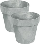 Set van 2x stuks kunststof bloempotten betonlook 14 cm licht grijs - Bloempotten/plantenpotten voor binnen en buiten