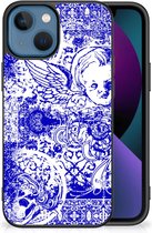 Smartphone Hoesje Geschikt voor iPhone 13 Back Case TPU Siliconen Hoesje met Zwarte rand Angel Skull Blue