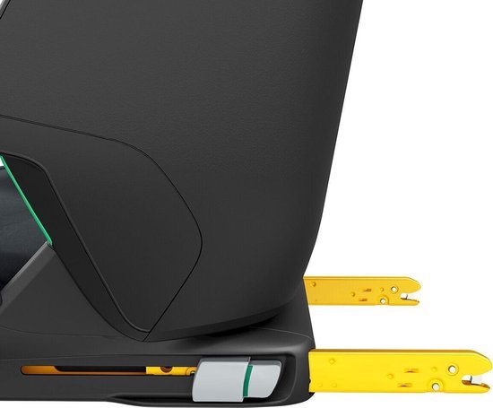 Detail van de gele Isofix-bevestigingen aan de zijkant van het donkergrijze Maxi-Cosi autostoeltje.