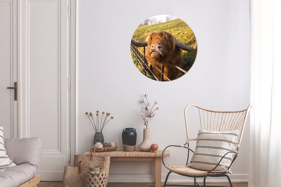 Wallpaper Circle - Highlander écossais - Clôture - Herbe - 50x50 cm - Wall Circle - Auto-adhésif - Sticker rond pour papier peint