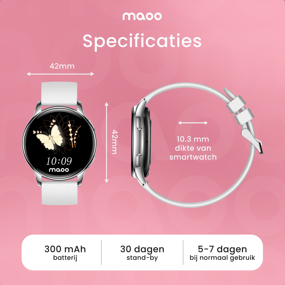 Maoo Ventura AMOLED Smartwatch Dames - RVS en 4x Siliconen Bandje - Stappenteller - Hartslagmeter - Slaapmonitor - Multisport - Geschikt voor Android en iOS - Zilver en Wit – foto 6