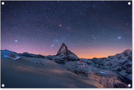 Tuinposters buiten Alpen - Sterrenhemel - Sneeuw - 90x60 cm - Tuindoek - Buitenposter