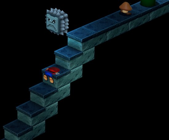 Mario, in zijn rode en blauwe outfit, staat op een stenen trap naast een vijandige grijze steen.