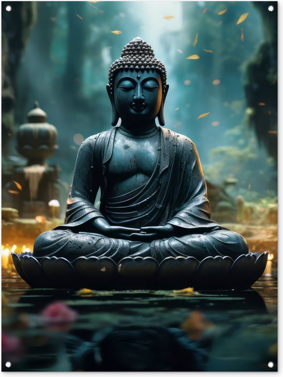 Tuinposter Boeddha - Tuindecoratie Buddha beeld - 90x120 cm - Tuindoek - Muurdecoratie voor buiten - Schuttingposter - Tuinschilderijen Japan zen - Tuinwanddecoratie - Tuinposters