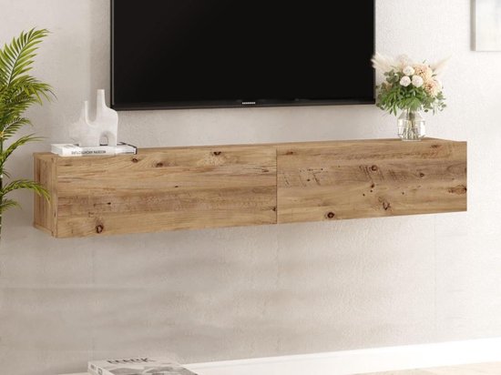 Zwevend TV meubel van donker eikenhout met een zichtbare houtnerf en knoesten.