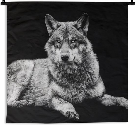 Wandkleed - Wanddoek - Wilde dieren - Wolf - Zwart - Wit - 60x60 cm - Wandtapijt