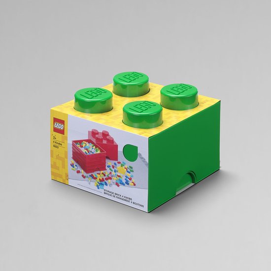 Groene LEGO opbergdoos met vier noppen. De doos heeft een geel met witte verpakking met een afbeelding van een rode lade gevuld met LEGO-stenen.