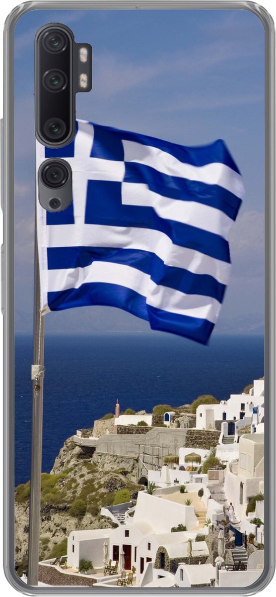 Telefoonhoesje Geschikt voor Xiaomi Mi Note 10 Pro hoesje - Vlag Griekenland bij een dorp - Siliconen Telefoonhoesje Telefoonhoesje