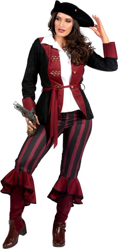 Piraten kostuum burgundy-zwart dames - Maat 2XL - Carnavals kostuum Piraten Dames