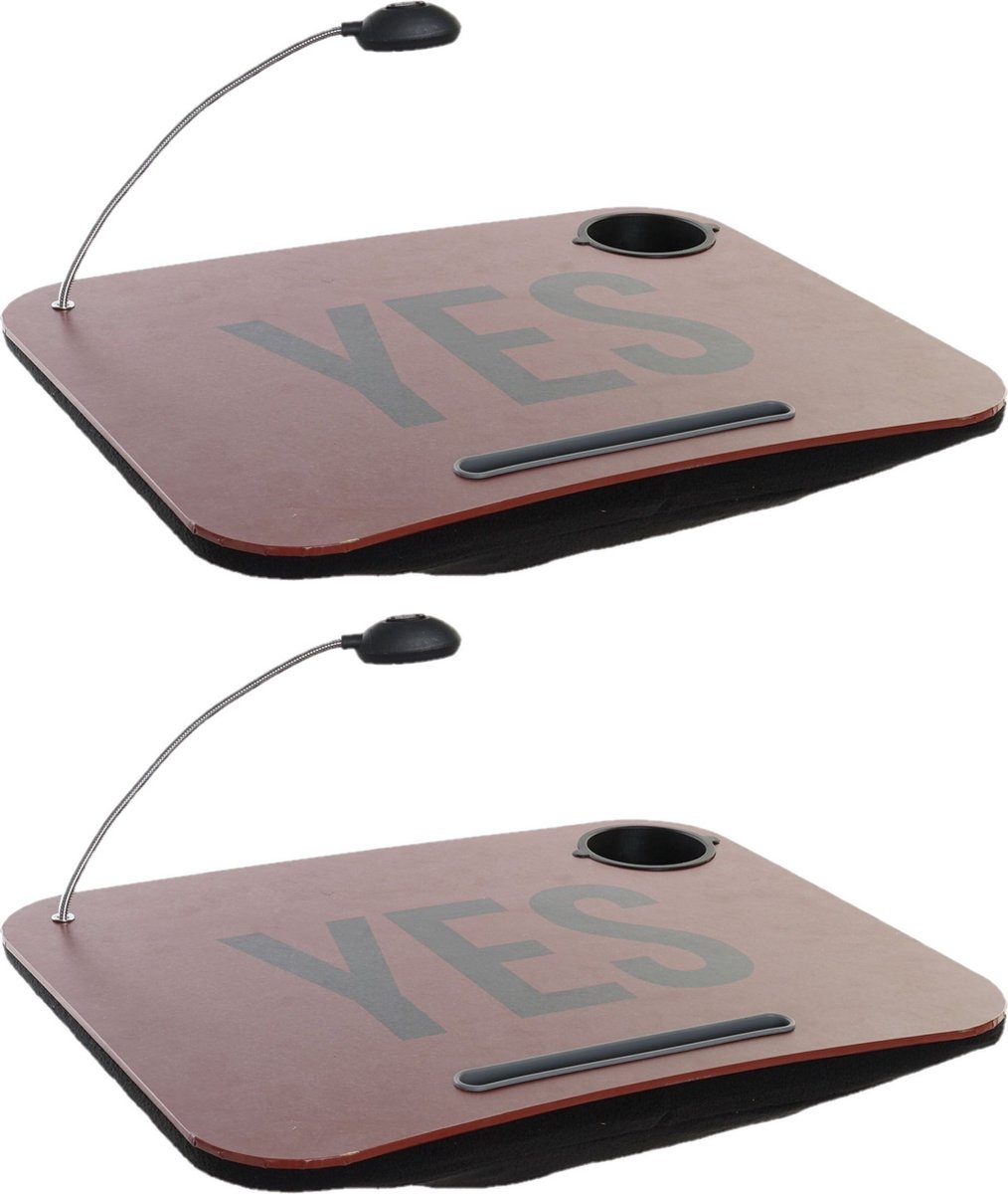 2x stuks schootkussens/laptrays met LED verlichting 48 x 38 cm Yes print terracotta - Schootkussens/schoottafels/laptrays