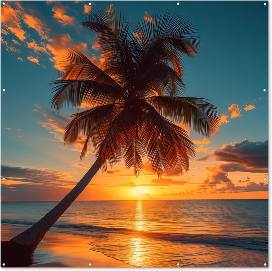 Tuinposter zonsondergang - Tuindecoratie palmboom - 200x200 cm - Poster voor in de tuin - Buiten decoratie natuur - Schutting tuinschilderij - Tuindoek muurdecoratie - Wanddecoratie balkondoek