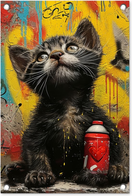 Tuinposter 40x60 cm - Tuindecoratie - Graffiti - Kitten - Street art - Kat - Dier - Poster voor in de tuin - Buiten decoratie - Schutting tuinschilderij - Muurdecoratie - Tuindoek - Buitenposter..
