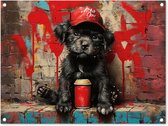 Tuinposter 80x60 cm - Tuindecoratie - Graffiti - Hond - Pet - Puppy - Rood - Street art - Dier - Poster voor in de tuin - Buiten decoratie - Schutting tuinschilderij - Muurdecoratie - Tuindoek - Buitenposter..