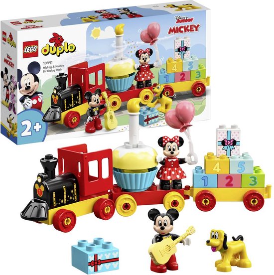 LEGO DUPLO Disney Mickey & Minnie Verjaardagstrein set en verpakking. Inclusief Mickey, Minnie, Pluto, cadeautjes en een treinstel met taart.