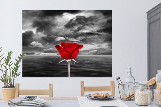 Sticker Muursticker Rouge noir blanc - Photo Zwart et blanc de rose rouge, contre mer et ciel nuageux - 120x90 cm - film adhésif autocollant - sticker mural repositionnable