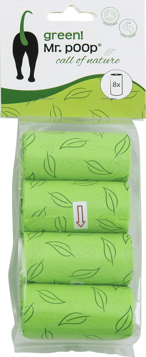 Mr.POOP GREEN - Poepzakjes - 8 Rolletjes - Groene hondenpoepzakjes - Hondenpoepzakjes afbreekbaar - Hondenpoepzakjes biologisch - Groen motief