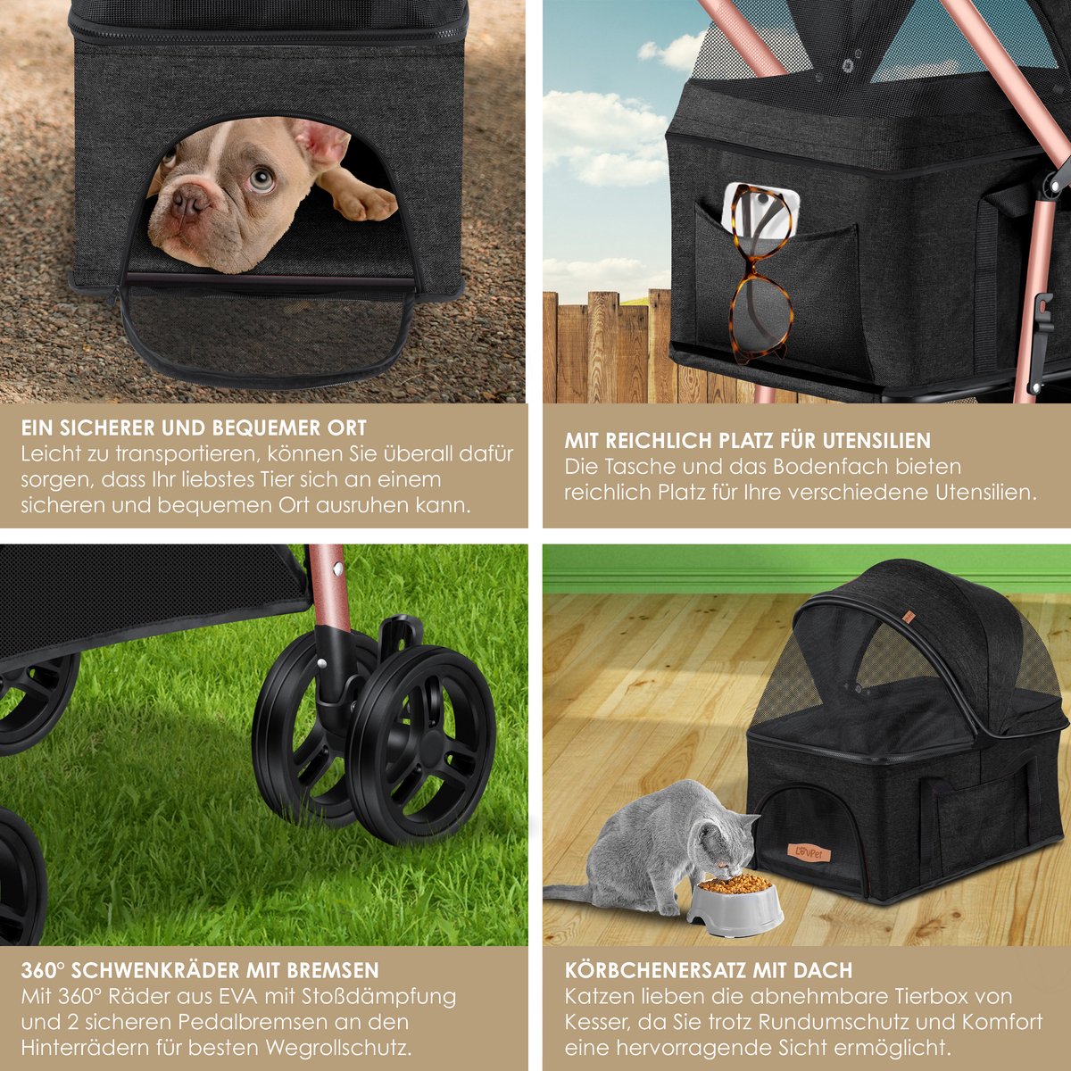 LOVPET® Hondenbuggy 2in1 Huisdieren Wandelwagen Buggy met Transporttas Opvouwbaar tot 20 kg Hondenwandelwagen met Gaasramen & Regenhoes Jogger Kattenbuggy voor Kleine Honden Katten Hondenbox - Zwart – foto 5