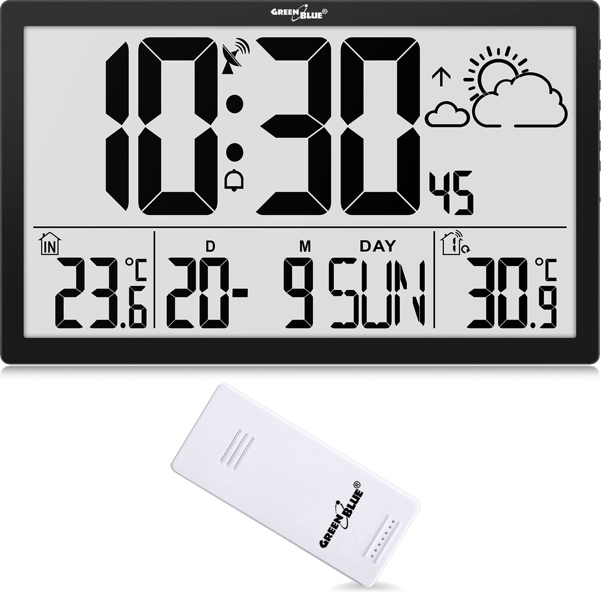 GreenBlue - Klok - LCD Wandklok - Klok met weerstation en thermometer GB218