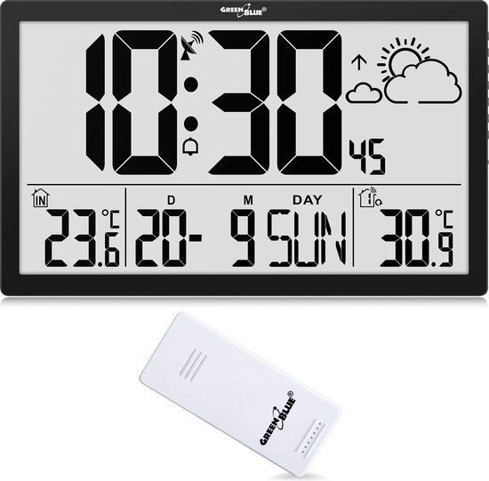 GreenBlue - Horloge murale LCD - Klok avec station météo et thermomètre GB218