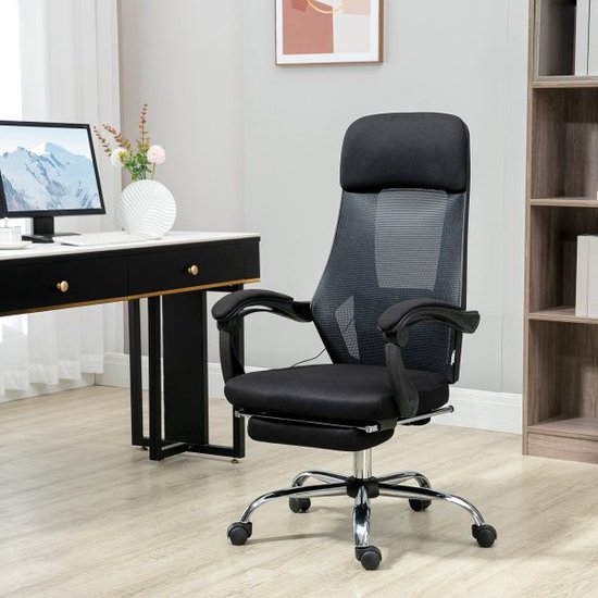 Chaise de bureau avec fonction massage, chaise de massage avec 2 points de vibration, avec fonction mensonge, repose-pieds, interface USB, tissu maillé