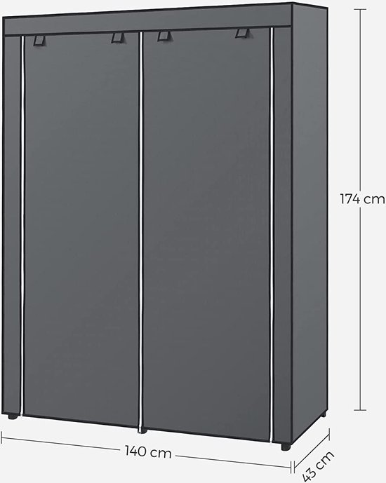 Kledingkast met Kledingstangen – Stoffen Kledingkast – Kledingrek – Grijs