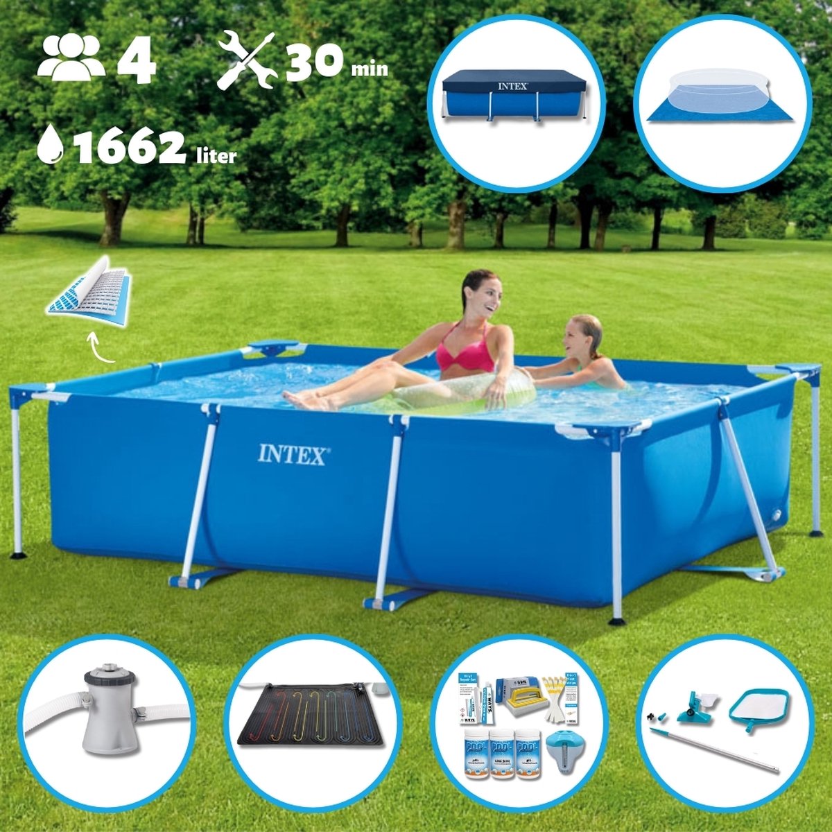 Intex Frame Pool Intex Zwembad Opzetzwembad Rechthoekig 220 x 150 x 60 cm Blauw Inclusief Pomp Verwarmingsmat Chloorpakket Onderzeil Afdekzeil Schoonmaaktset