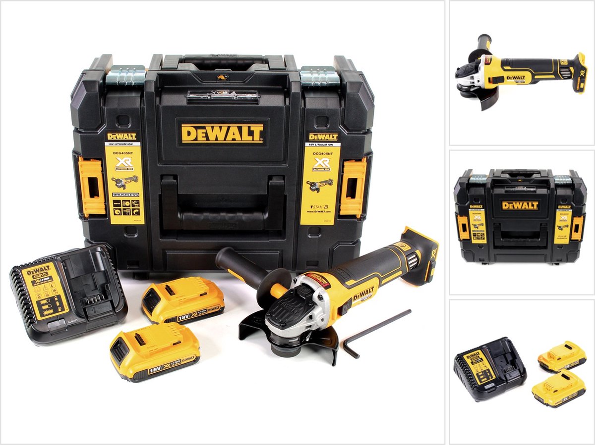DeWalt DCG 405 D2 accu haakse slijper 18V 125 mm borstelloos + 2x accu 2,0 Ah + oplader + TSTAK